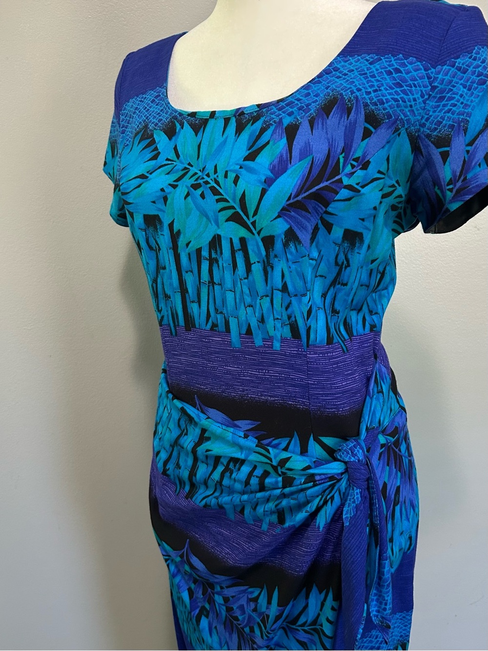 Vintage Island vibes Tropical Blue Teal purple Leaf Print wrap Dress - Picture 2 of 8